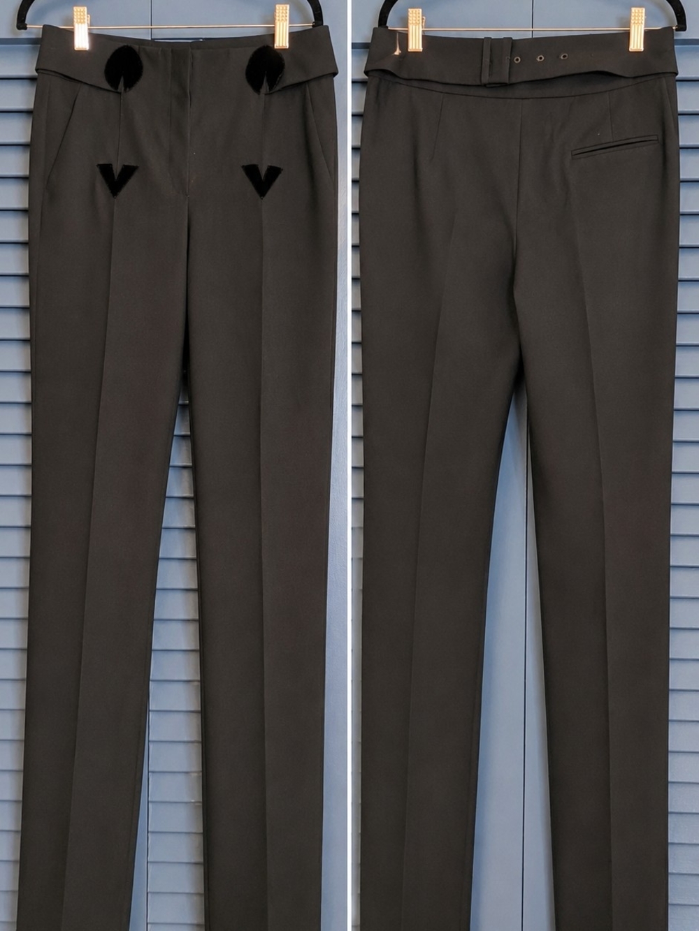 Emporio Armani 2018 Black Tailored Trousers Velvet Appliqué Details Size IT 42